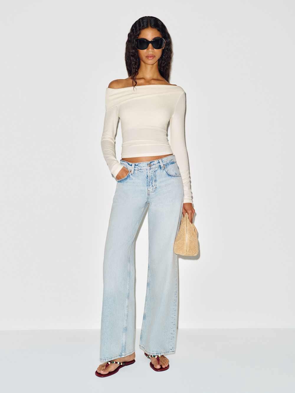 Reformation Off-Shoulder Cream Long-Sleeve Top